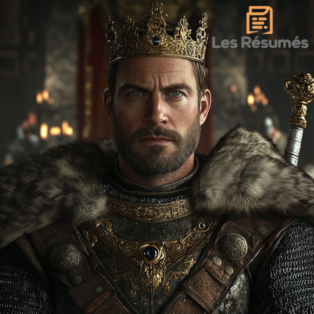 Le Roi Arthur, portant une armure ornée et une couronne dorée, incarnant la noblesse et le pouvoir.