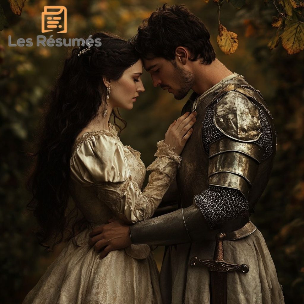 Lancelot et Guenièvre , se tenant tendrement l'un contre l'autre, illustrant la romance et l'amour courtois.