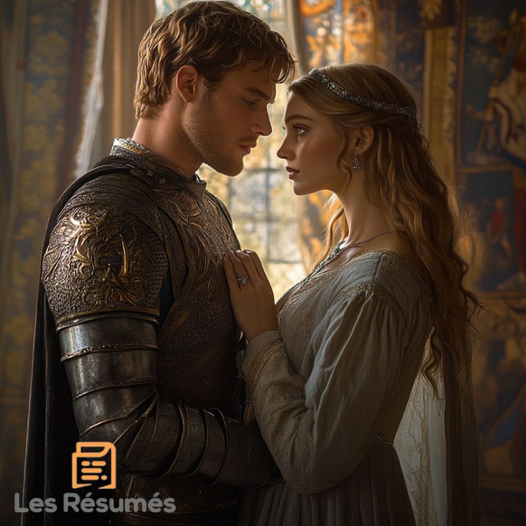 Lancelot et Guenièvre se regardant avec intensité dans une scène romantique, exprimant l'amour et le devoir dans le résumé de Lancelot ou le chevalier de la charrette.