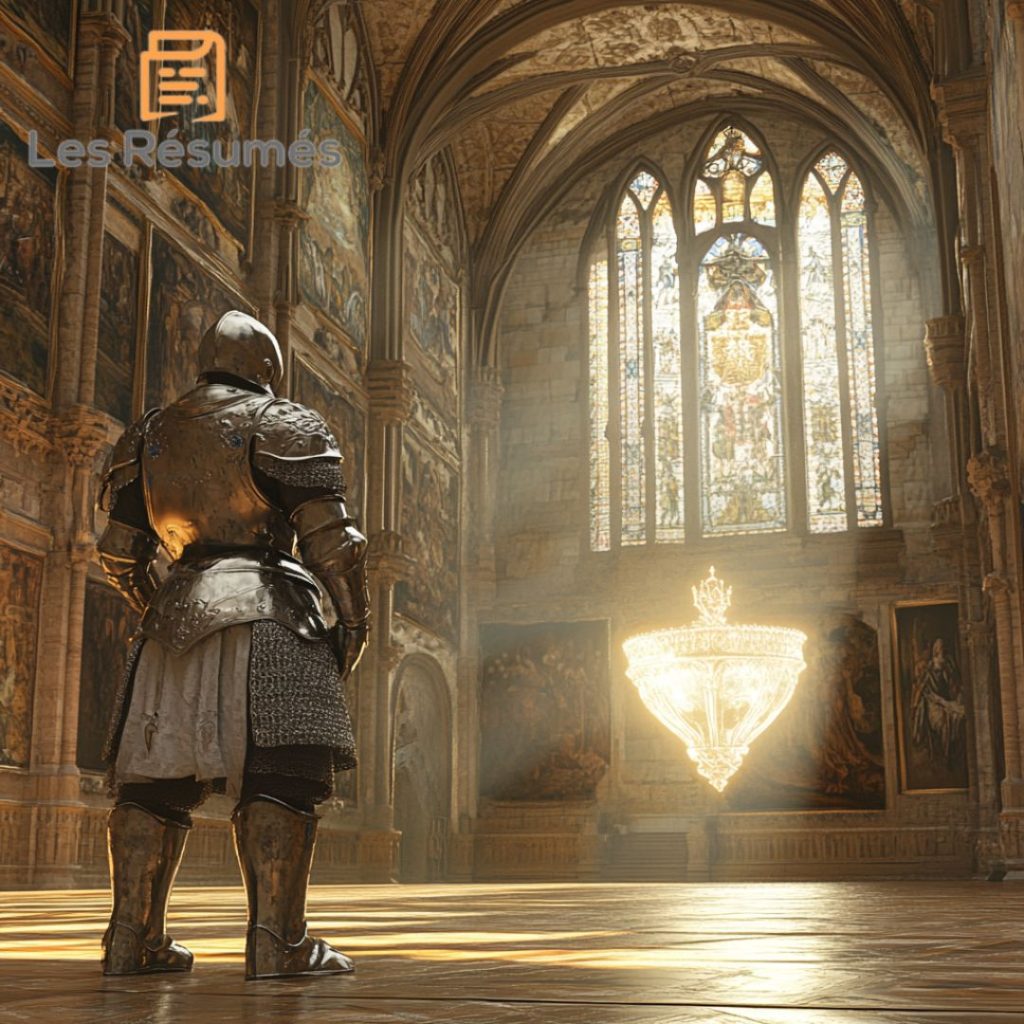 Un chevalier en armure se tient dans une immense cathédrale gothique, baigné par la lumière qui émane des vitraux. Le chevalier contemple un immense chandelier. Cette scène représente la quête spirituelle de Perceval.