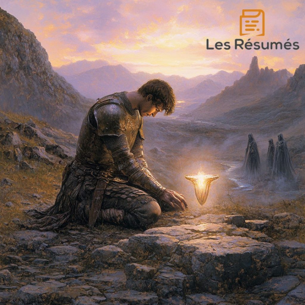 Lancelot agenouillé devant une relique mystique dorée, éclairée par une lumière divine.