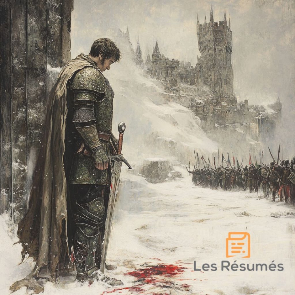 Lancelot, , portant une armure lourde, est penché, le regard baissé vers le sol enneigé, où une traînée de sang est visible. En arrière-plan, une armée s'approche d'une forteresse ancienne. Ce visuel dramatique évoque l'introspection de Perceval avant une bataille, symbole de sa quête personnelle.