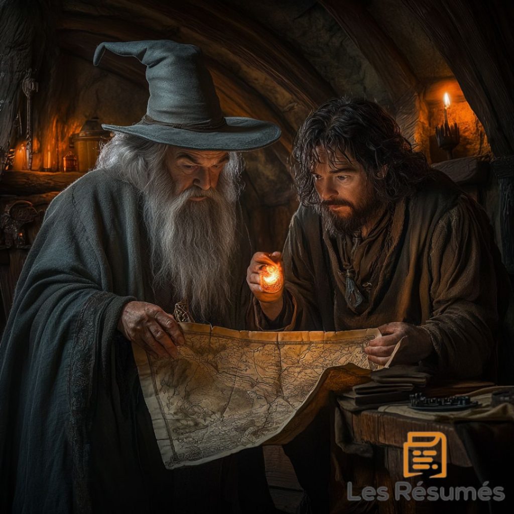 Gandalf et Thorin examinant une carte, planifiant leur quête dans Le Hobbit.