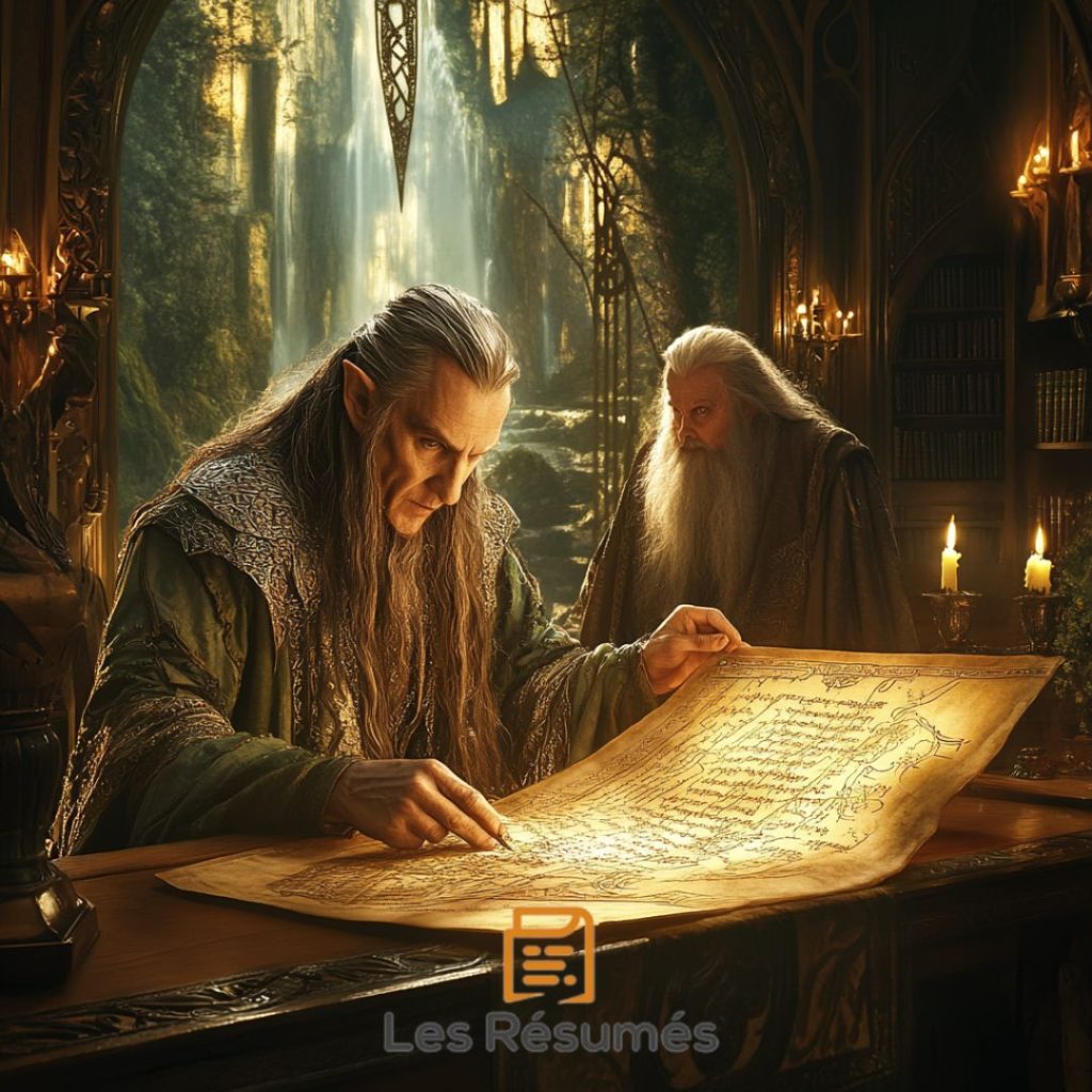 Elrond et Gandalf analysant un parchemin à Fondcombe, scène clé du roman illustrant notre résumé du chapitre 3 de Le Hobbit.