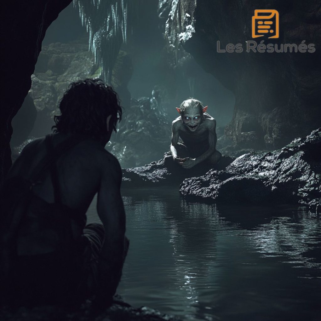 Bilbo face à Gollum dans la caverne, une scène du chapitre 5 de notre résumé sur Le Hobbit.