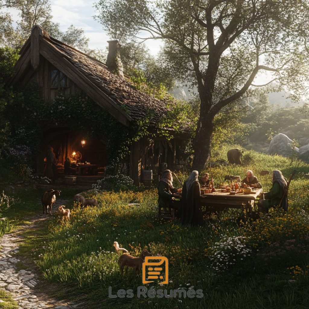 Les Nains et Gandalf réunis autour d'une table chez Beorn.
