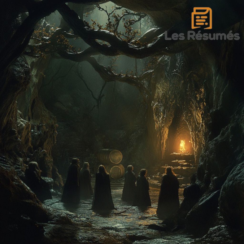 Bilbo qui suggère aux nains de se cacher dans des tonneaux pour fuir les elfes.