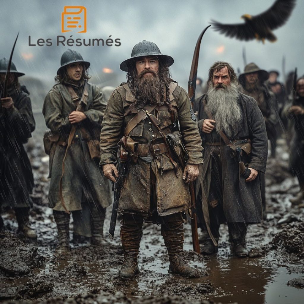 Thorin Écu-de-Chêne, leader des Nains, préparant son armée pour la bataille des Cinq Armées dans un décors moderne qui évoque l'impact de la Première Guerre Mondiale sur Tolkien.