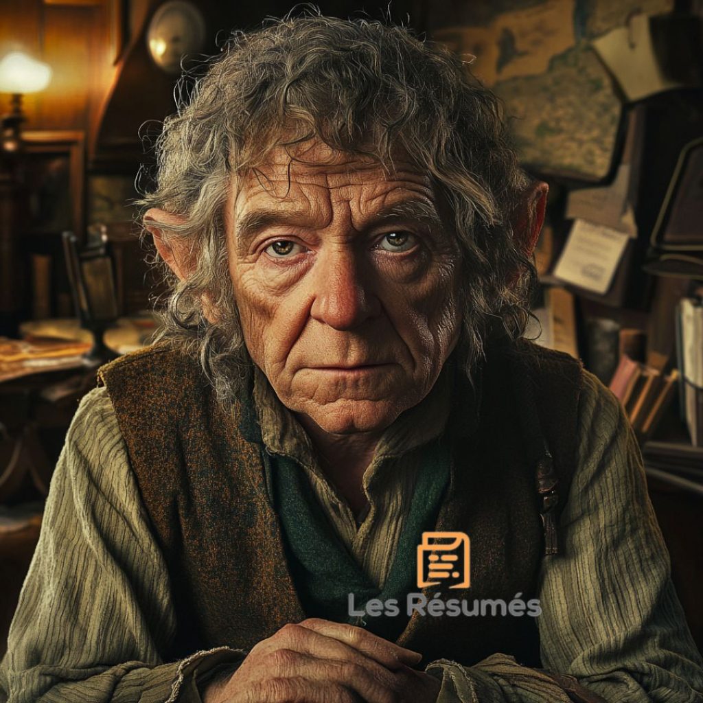 Le vieux Bilbo regardant pensivement, illustrant son rôle central dans Le Hobbit.