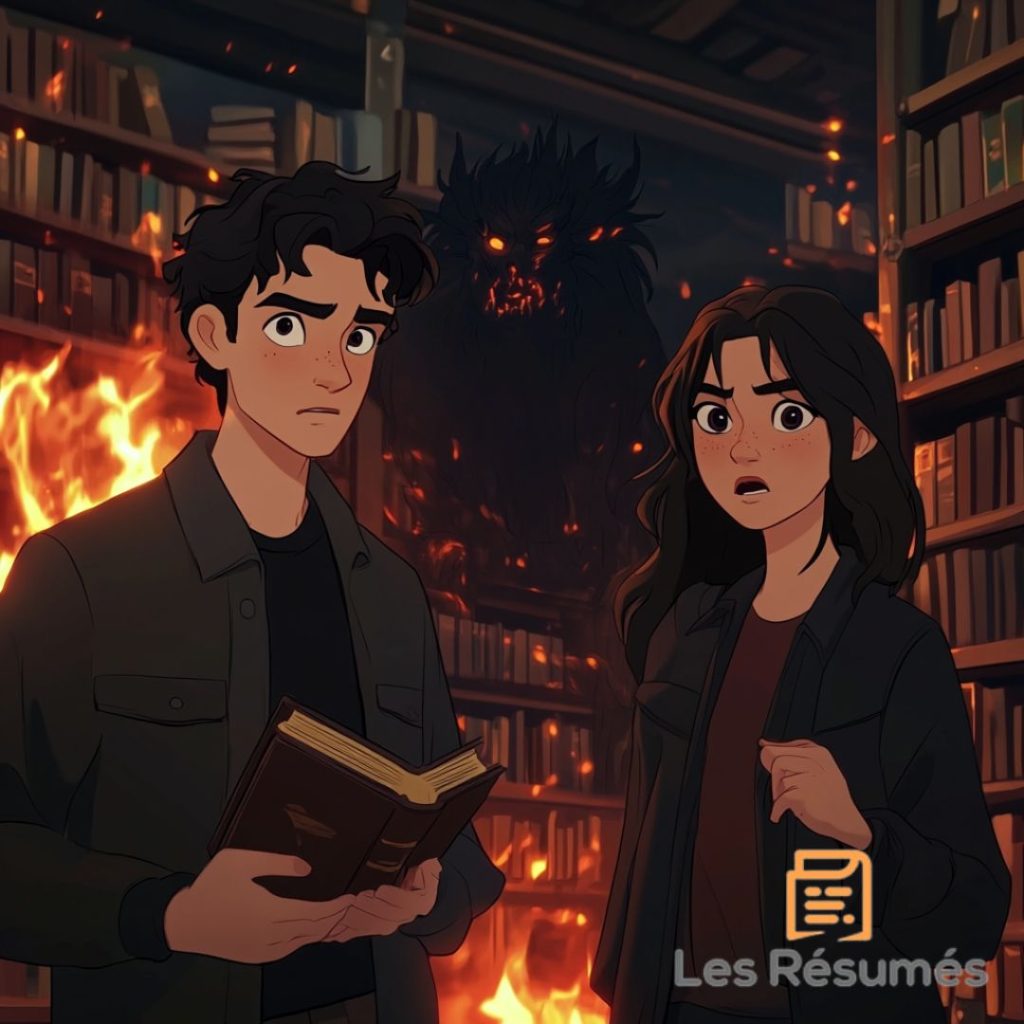 Illustration pour le résumé de Le Livre dont vous êtes le héros dans laquelle on voit Alex et Camille dans la librairie Styx en proie aux flammes. 