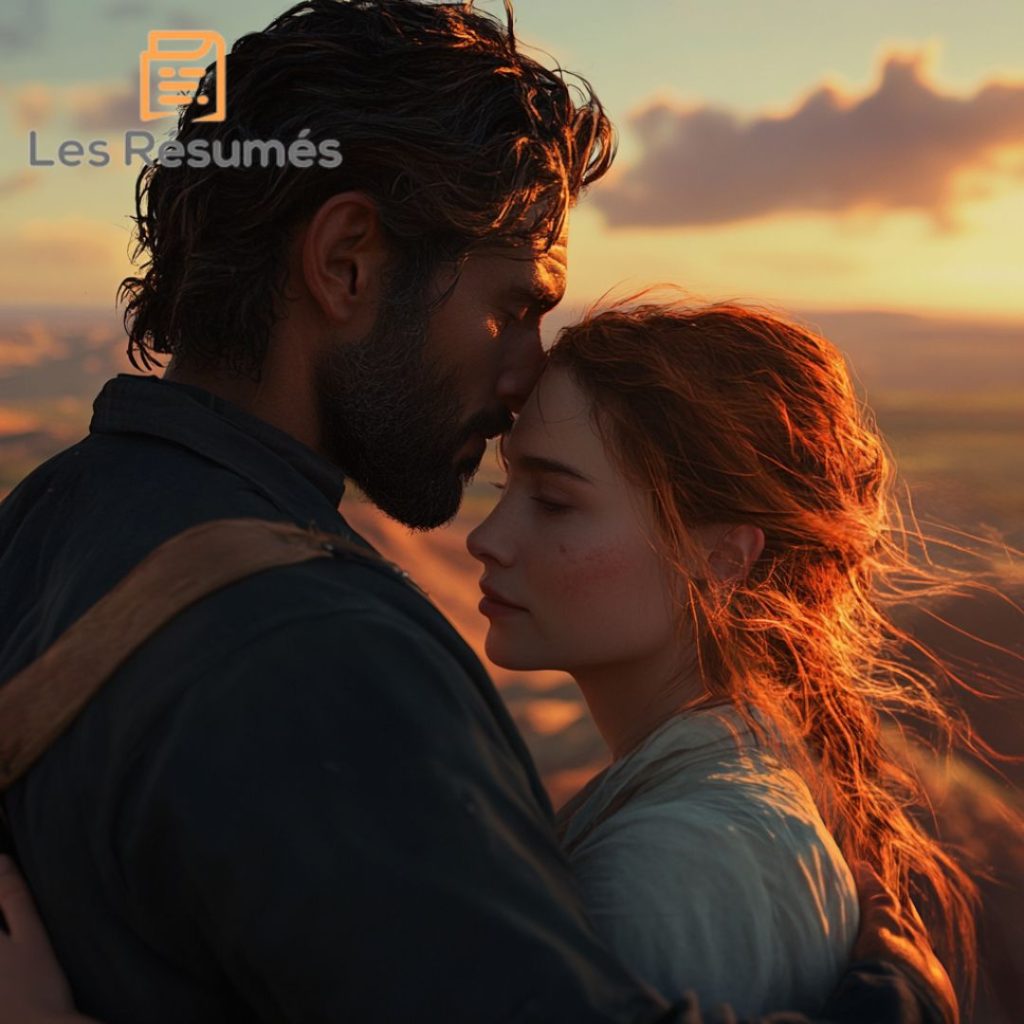 Un couple s'embrasse tendrement au coucher du soleil, sur un fond de paysages désertiques ou montagnards. Scène montrant la thématique de l'amour dans Le Premier Jour. 
