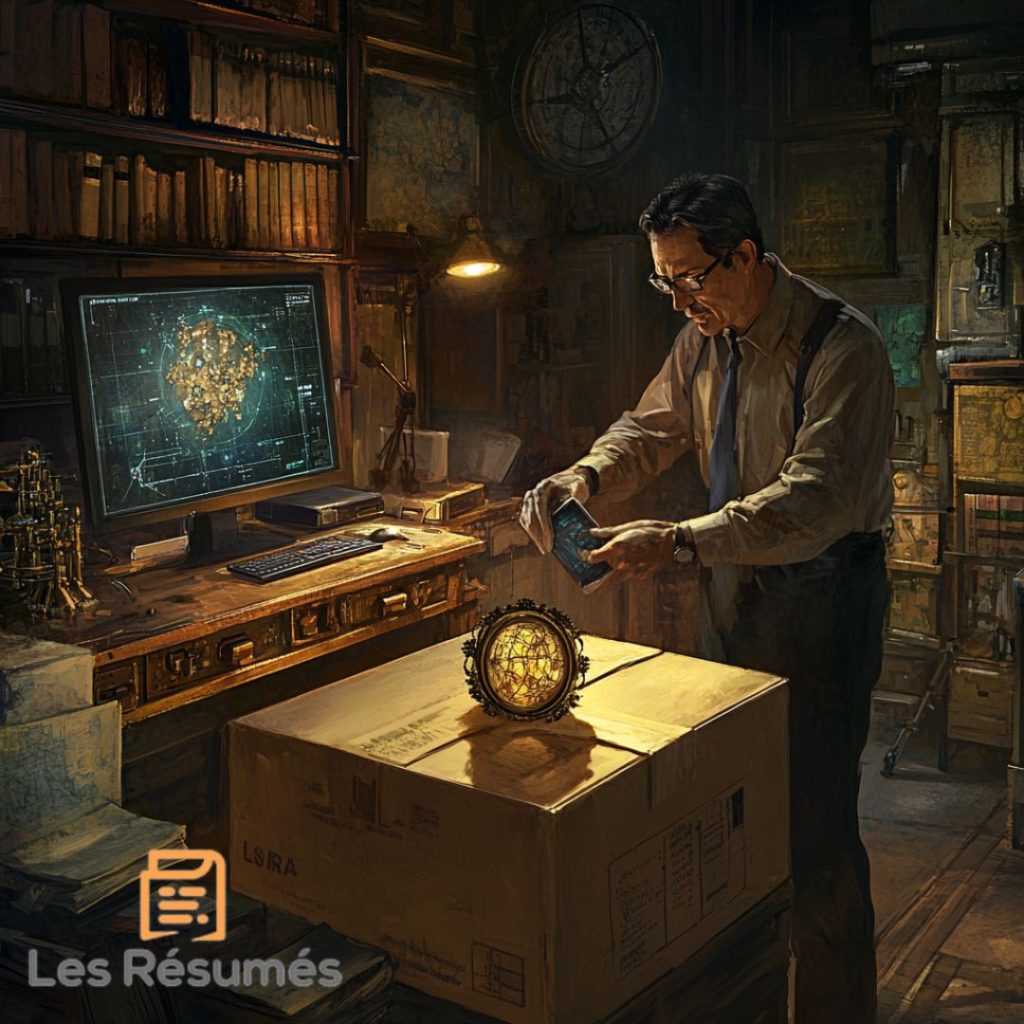 Un homme d'âge mûr se tient devant un bureau encombré dans une pièce sombre. Il semble examiner un objet mystérieux ressemblant à une boussole ancienne, tandis qu'un grand écran affiche une carte complexe.