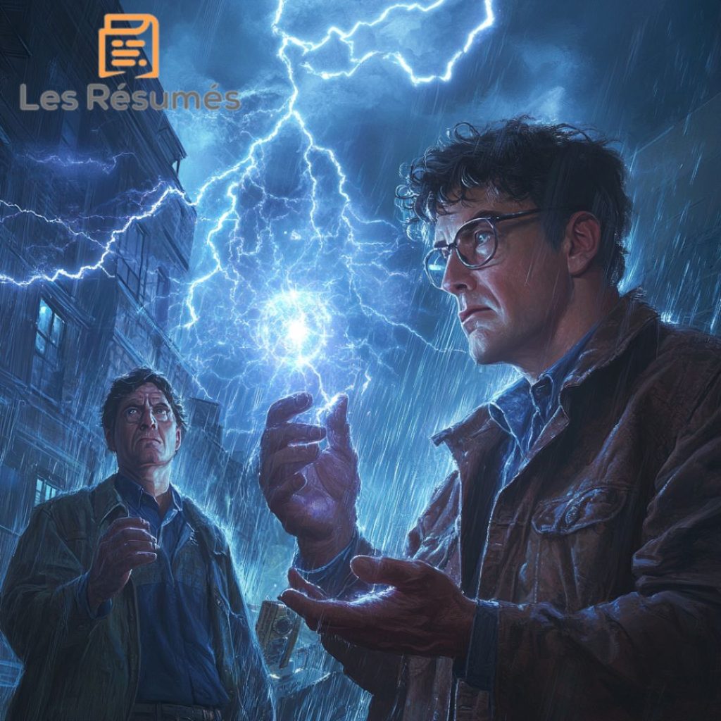 Adrian et Walter se tiennent dans une rue pluvieuse la nuit, l'un d'eux tenant une boule d'énergie électrique entre ses mains alors que la foudre illumine le ciel. Ils semblent intrigués et absorbés par la scène mystérieuse qui se déroule. 