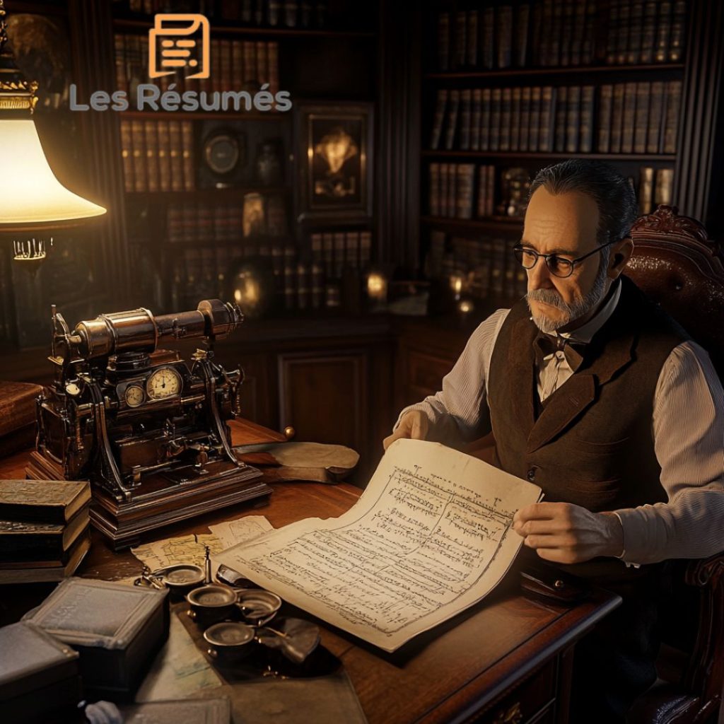 Un vieil homme à lunettes examine attentivement un vieux document à la lumière d'une lampe de bureau dans une bibliothèque richement décorée. 