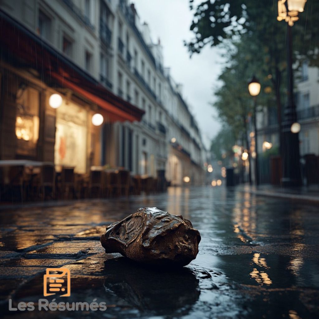 Une rue parisienne sous une pluie fine. Sur les pavés mouillés, un objet métallique et mystérieux repose au premier plan, tandis que les lumières des réverbères éclairent l'arrière-plan flou des bâtiments. Cette image la précision d'écriture de Marc Levy. 