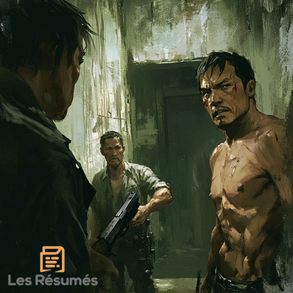 Trois hommes dans une scène tendue, avec une forte atmosphère de conflit. L'un des hommes est torse nu, le visage marqué par des blessures, tandis que les autres semblent prêts à la confrontation, l'un d'entre eux tenant une arme. L'arrière-plan est sombre et dégradé, évoquant un environnement urbain dangereux et oppressant. 