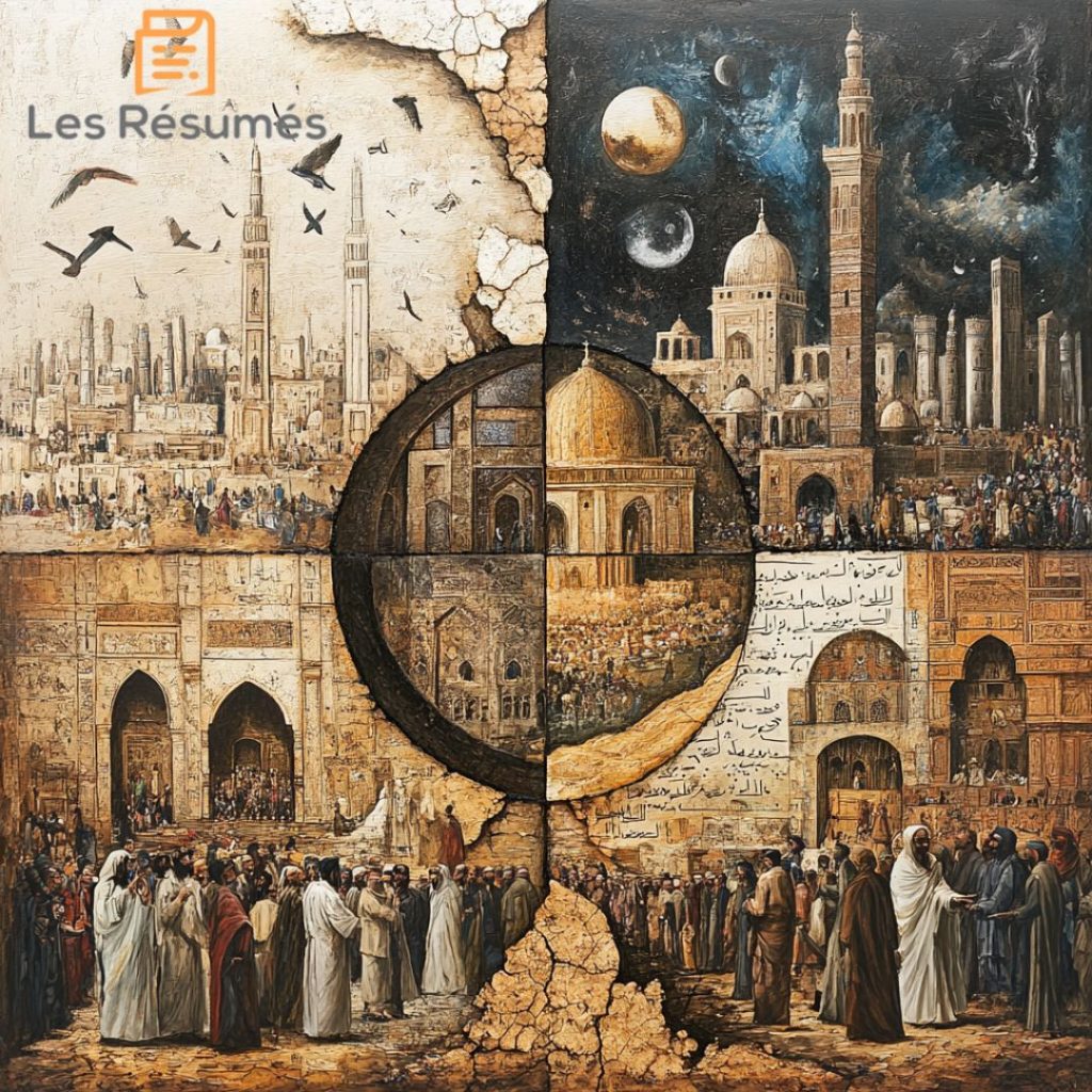 Fresque représentant une cité ancienne, mêlant architectures religieuses et politiques, symbolisant l’héritage et les racines culturelles, thèmes abordés par Maalouf