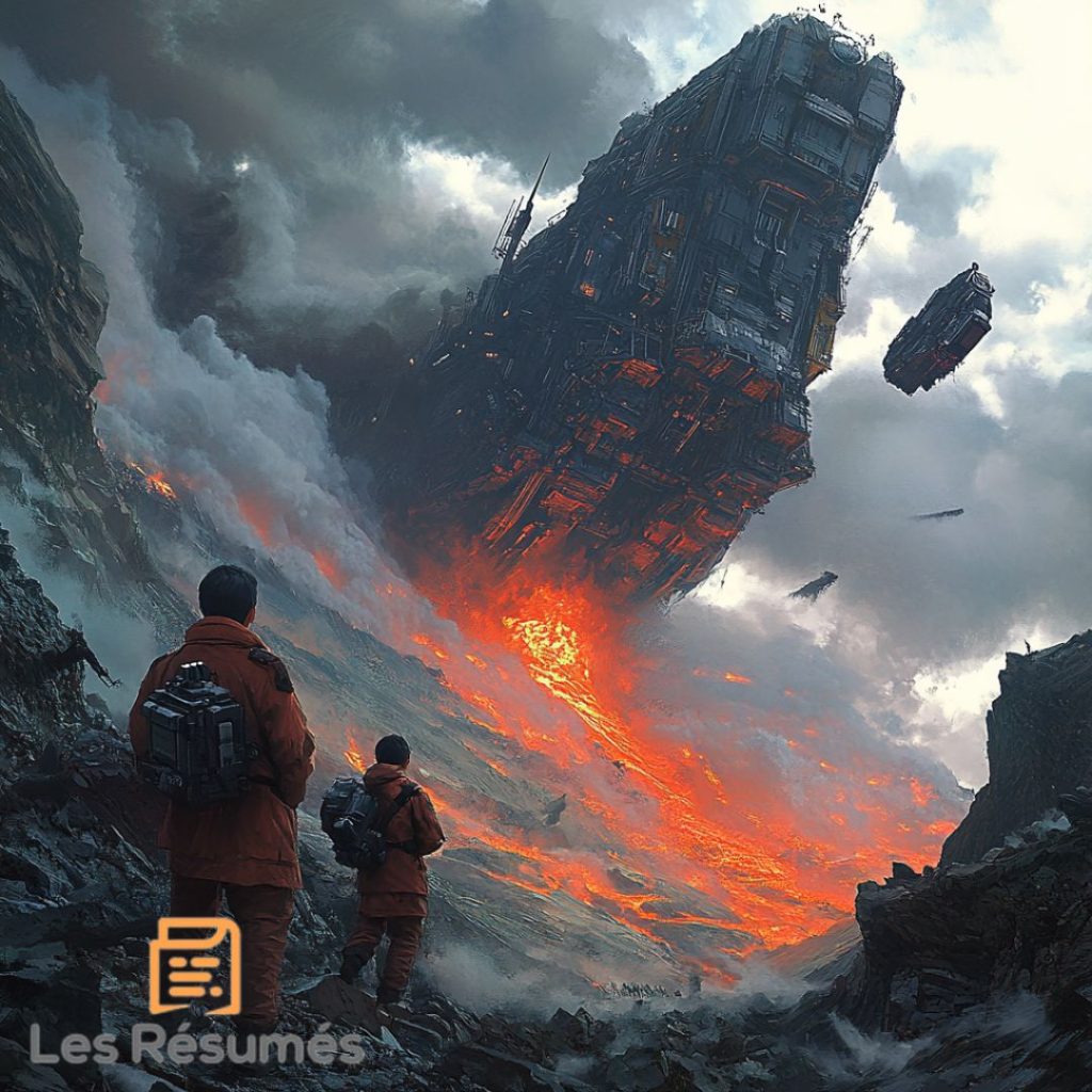 Deux explorateurs en tenue de survie observent un immense vaisseau en chute libre vers une mer de lave incandescente. Une vision post-apocalyptique saisissante.