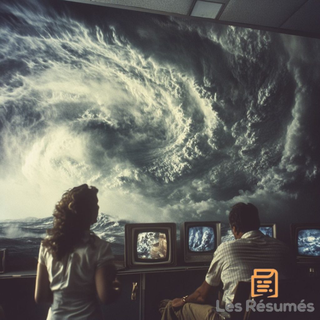 Une tempête monstrueuse vue sur un écran, observée par deux personnes dans une salle de contrôle. Illustration pour Où es-tu ? par Les Résumés. 