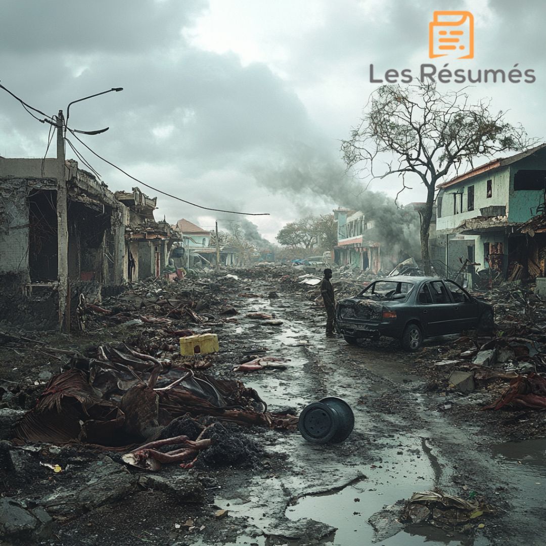 Une rue en ruines, ravagée par une catastrophe, avec un survivant seul face à la destruction. Illustration dramatique pour Où es-tu ?.