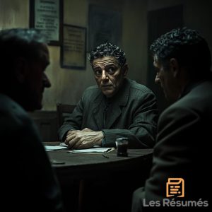 Une discussion tendue dans une pièce sombre, évoquant les thèmes de conspiration et de résistance.