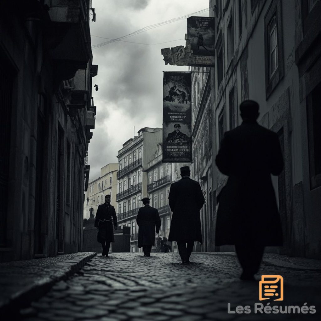 Des silhouettes sombres marchant dans une ruelle, symbolisant l’atmosphère oppressante et secrète du roman.