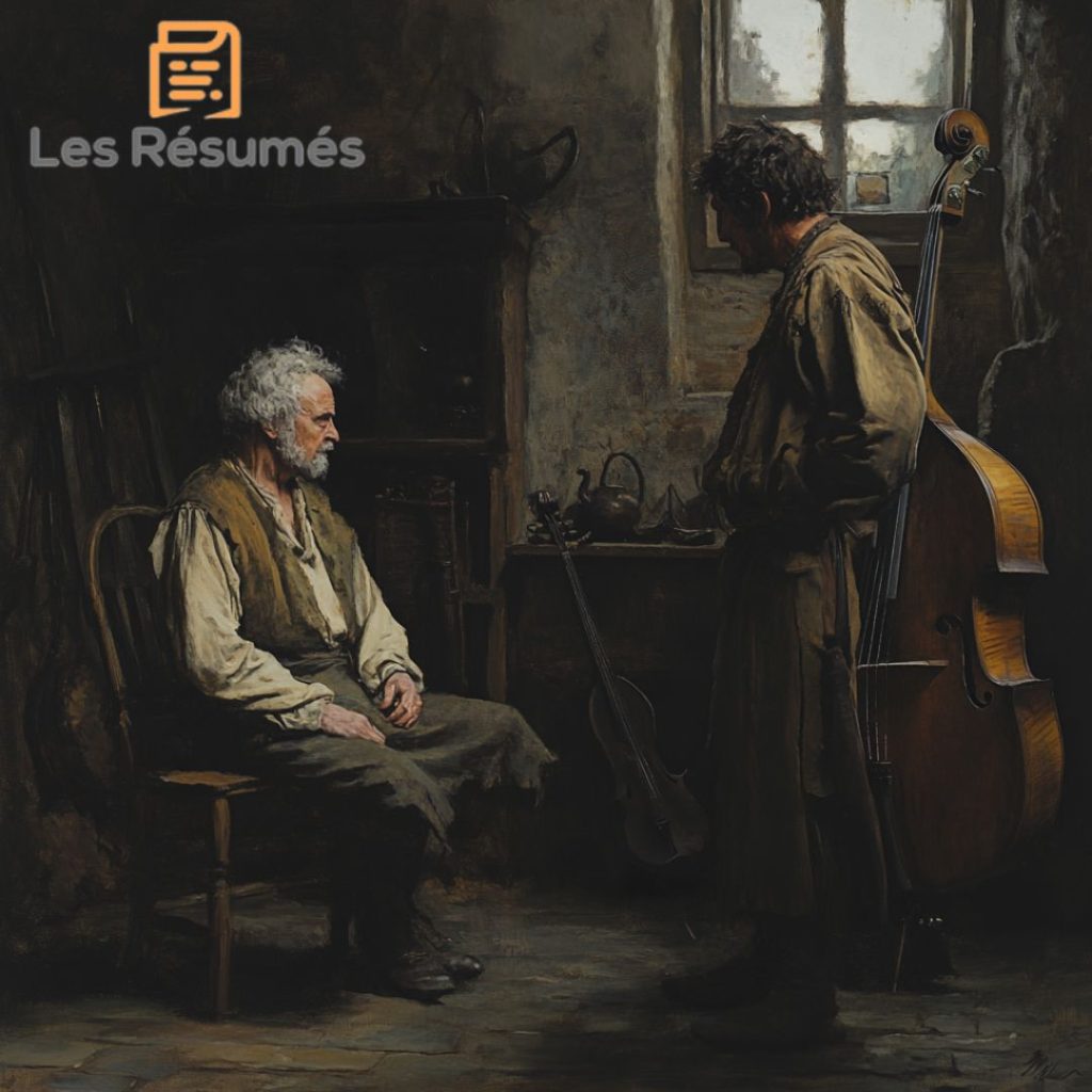 Sainte-Colombe assis sur une chaise en bois semble en pleine réflexion, face à Marin Marais debout, tenant une viole de gambe. La scène se déroule dans un intérieur modeste, évoquant une conversation intime. 