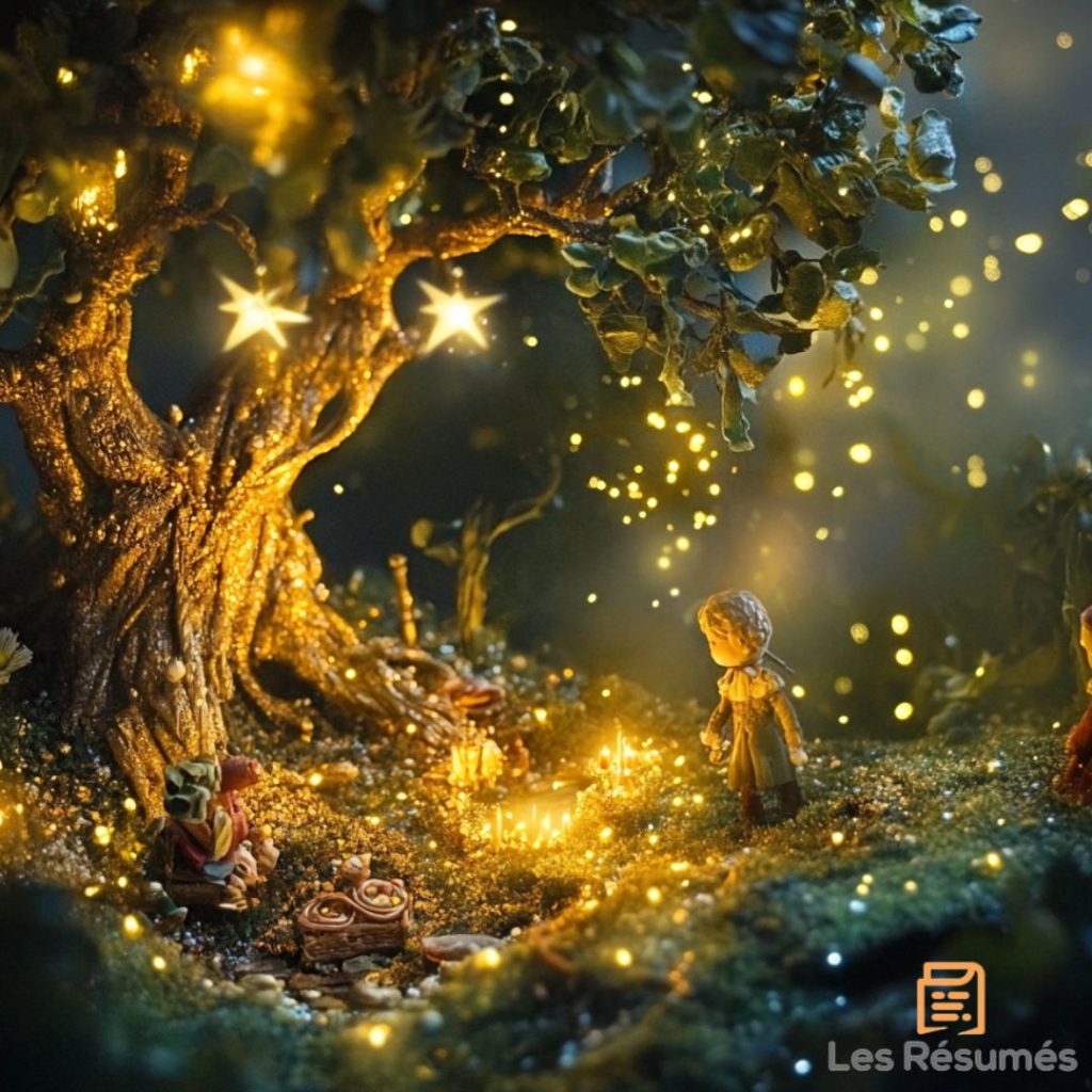 Une scène miniature féerique sous un grand arbre illuminé par des lanternes étoiles et entourée de créatures.
