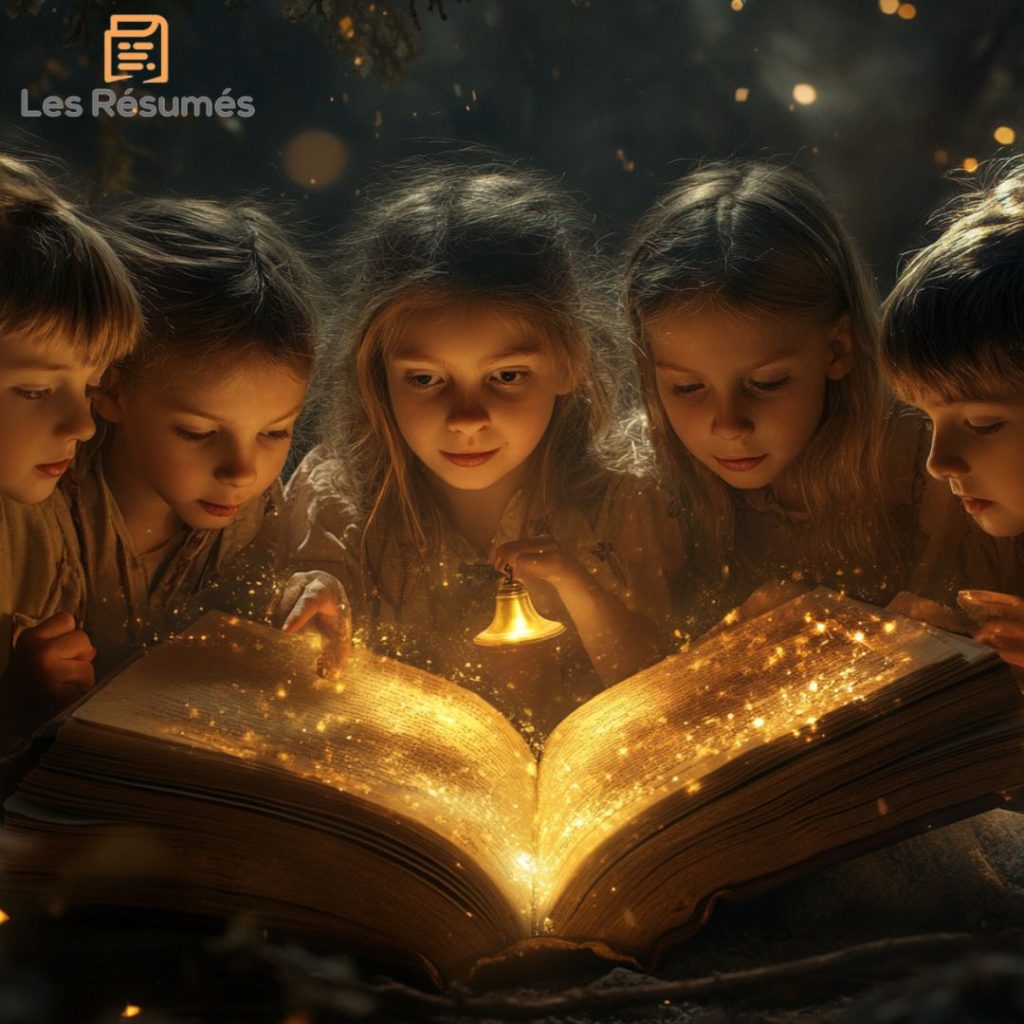 Cinq enfants curieux découvrent un livre magique illuminé par une douce lumière dorée dans un décor enchanteur illustrant la magie des contes d'Andersen.