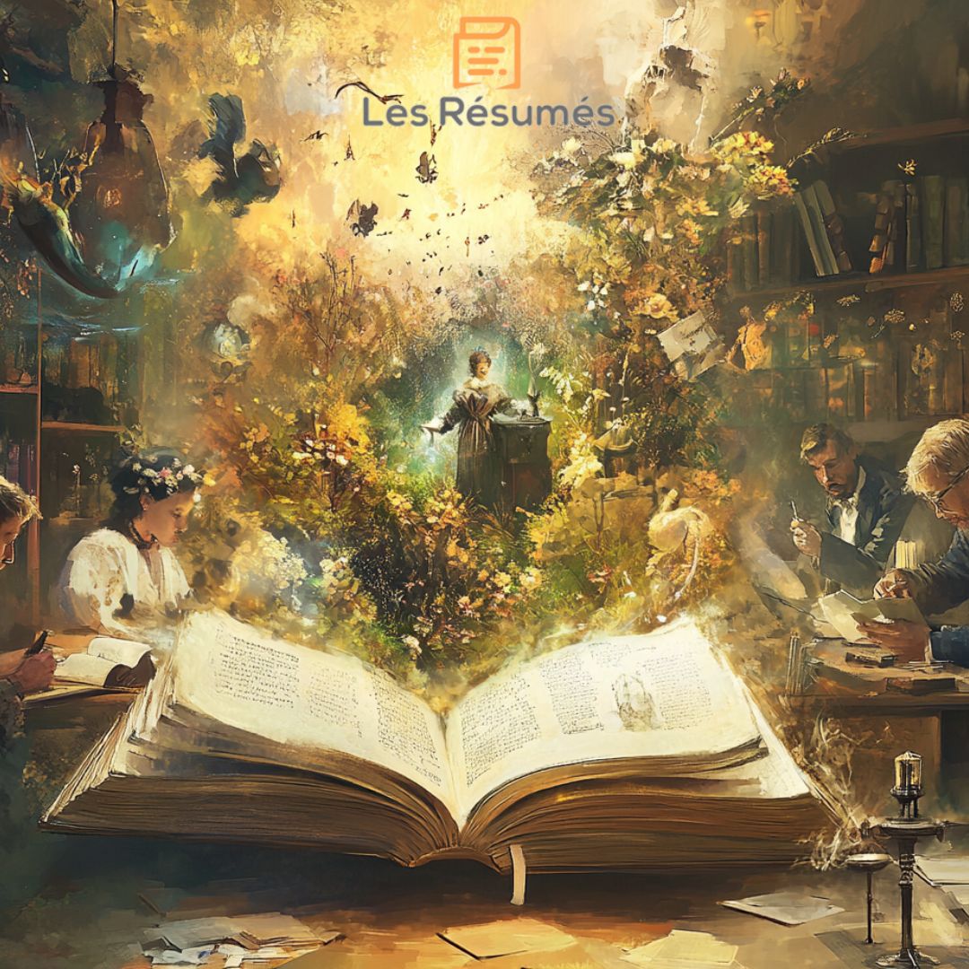 Un livre ancien s'ouvre et libère une explosion de lumière et de nature, tandis que des personnages étudient dans un décor enchanteur.