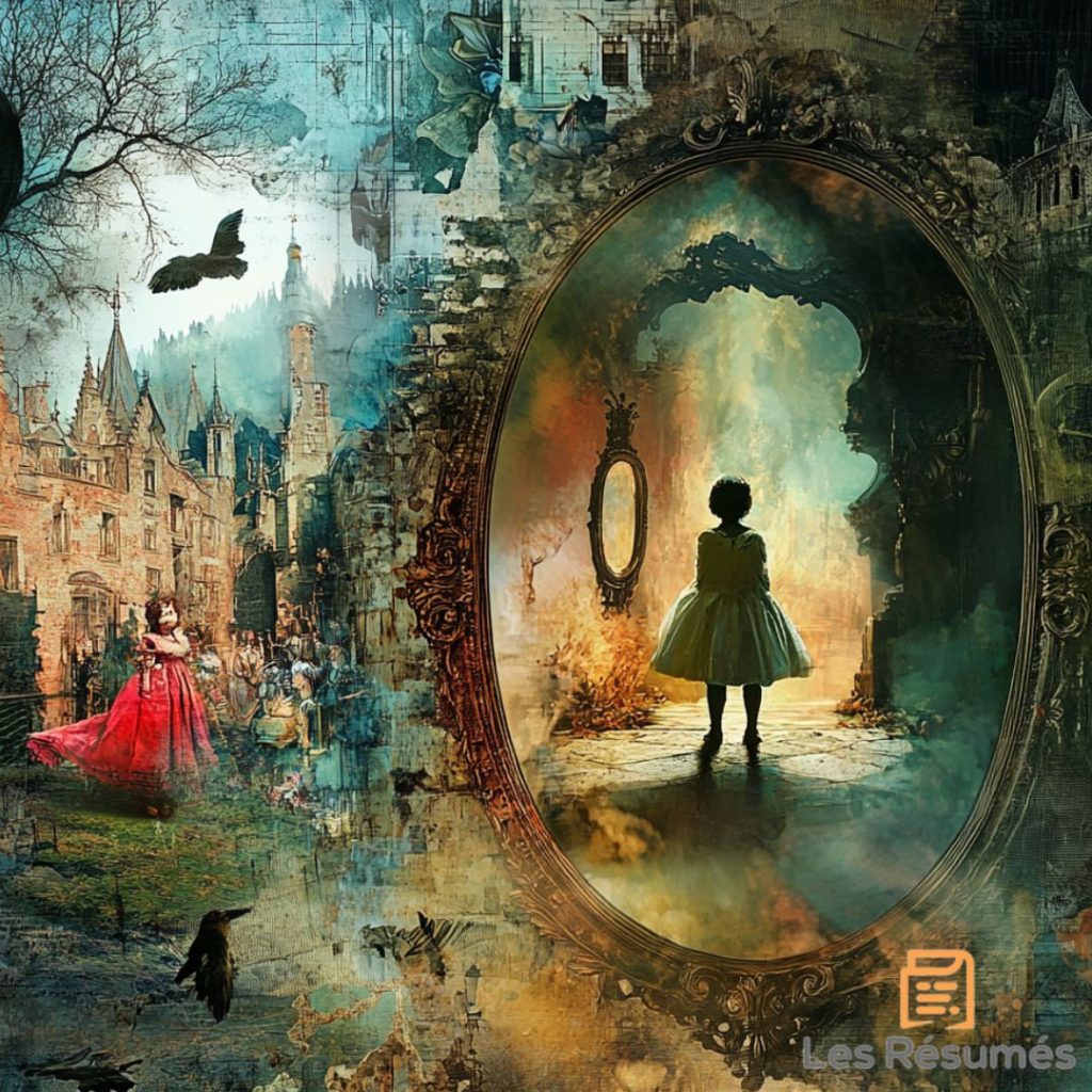 Une fillette en robe blanche se tient devant un miroir mystérieux dans un décor mêlant des éléments réalistes et de fantaisie comme dans de nombreux contes d'Andersen.