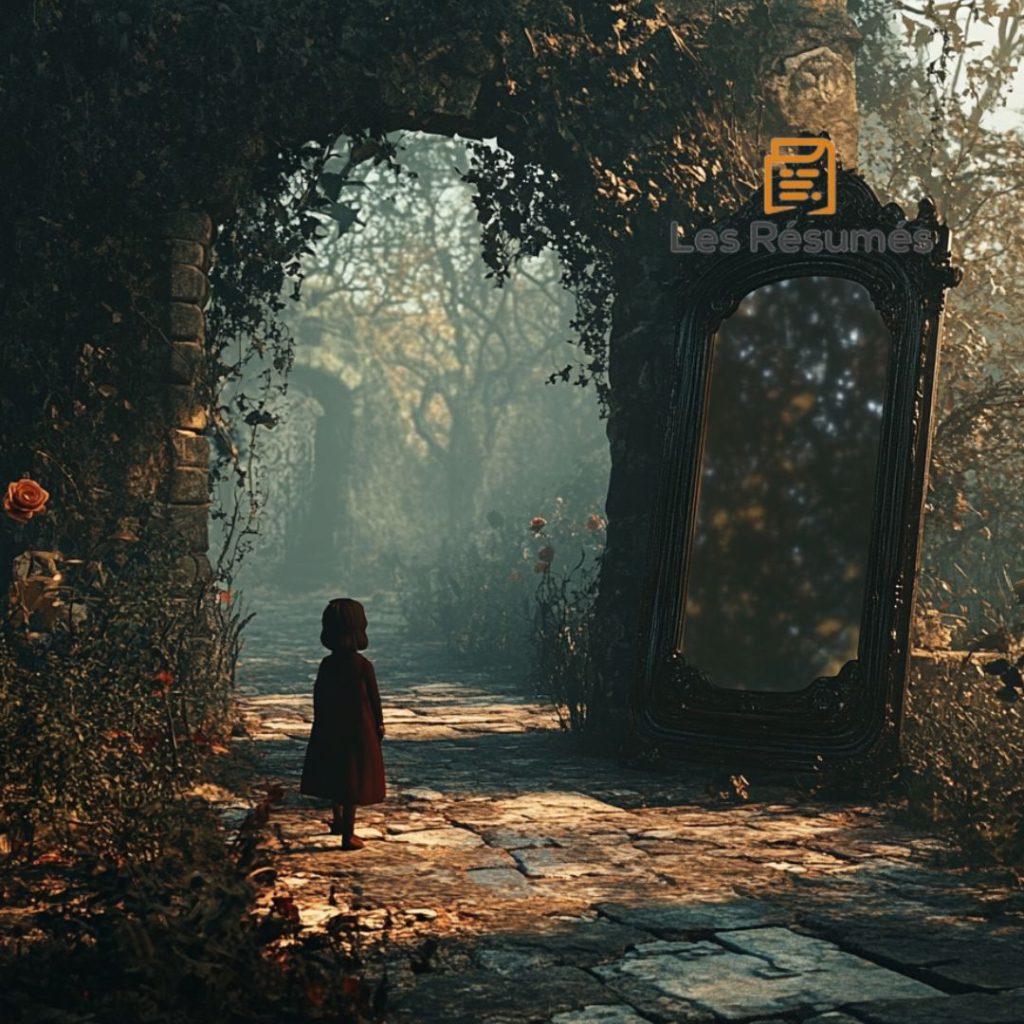 Une enfant en manteau rouge est en pleine réflexion face à un grand miroir mystérieux dans un jardin ancien.
