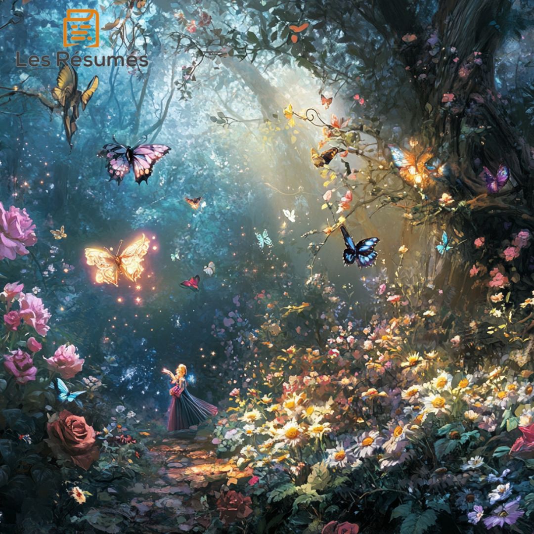 Clairière féerique illuminée de papillons et de fleurs colorées à l'image des contes d'Andersen.