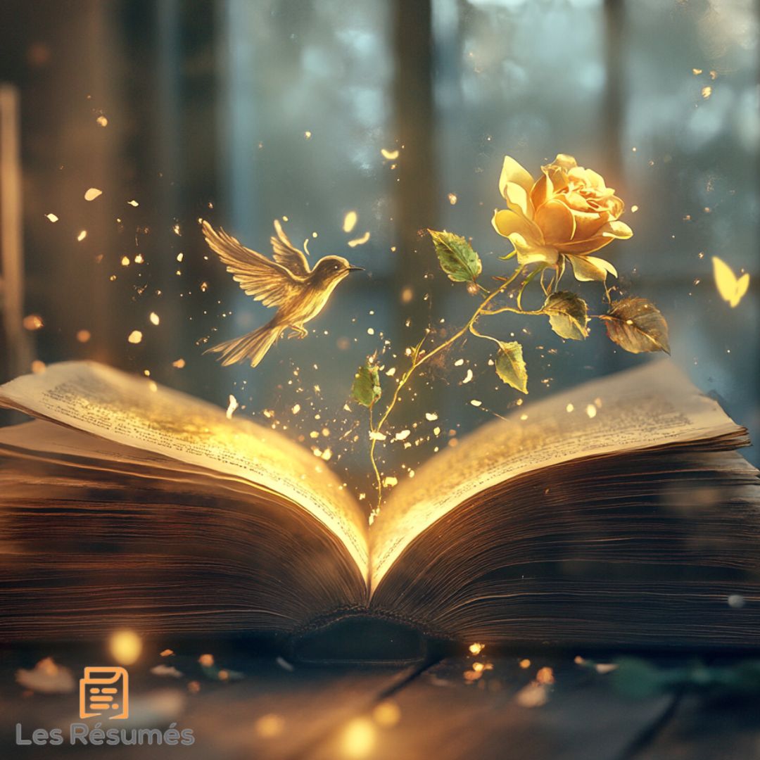 Un livre ancien s'ouvre, laissant s'envoler un oiseau doré et une rose lumineuse dans un éclat magique.
