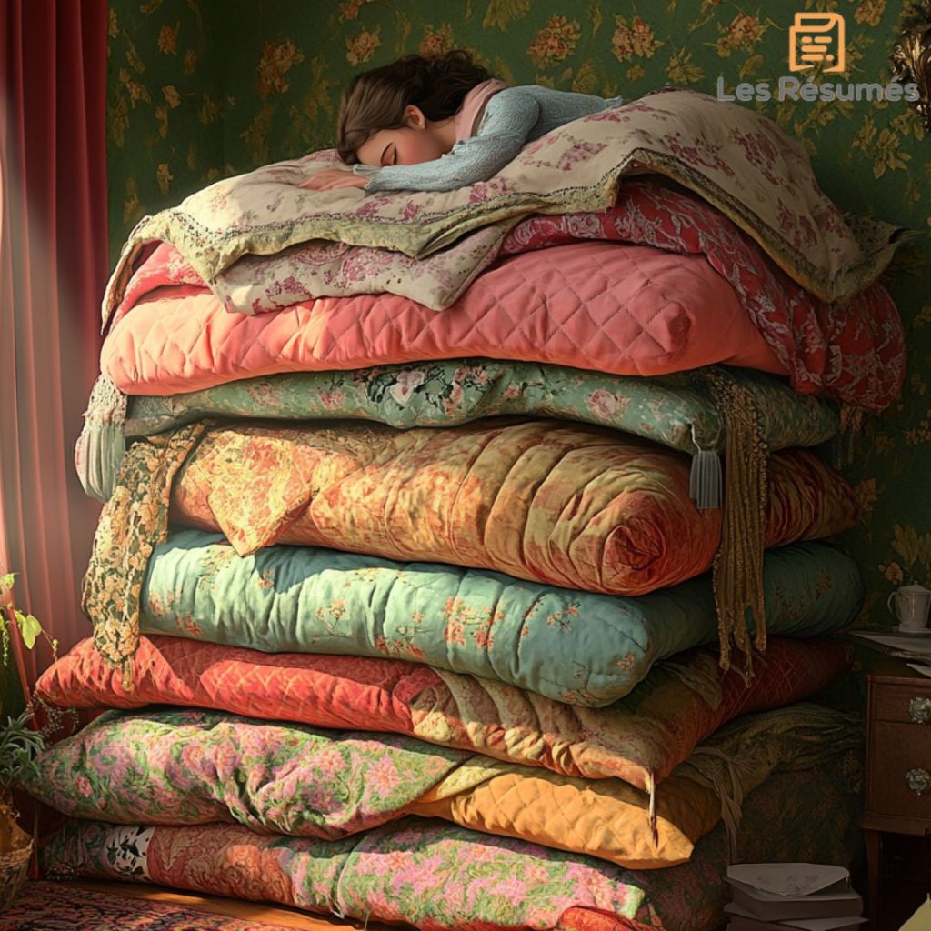 Une jeune fille dort paisiblement sur une pile d'épais matelas colorés, dans une chambre au décor ancien rappelant étrangement La princesse au petit pois, l'un des contes d'Andersen.