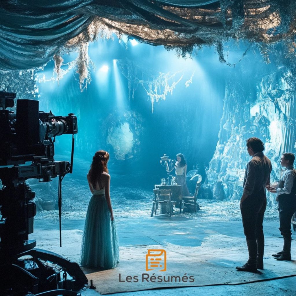 Sur un plateau de tournage, des acteurs en costumes discutent dans une scène magique éclairée par une lumière bleue envoûtante, avec des décors mystiques en arrière-plan.