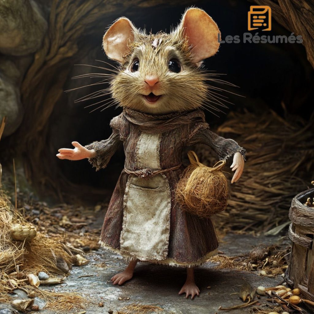 Illustration de la souris des champs qui souhaitent que Poucette épouse la taupe. 