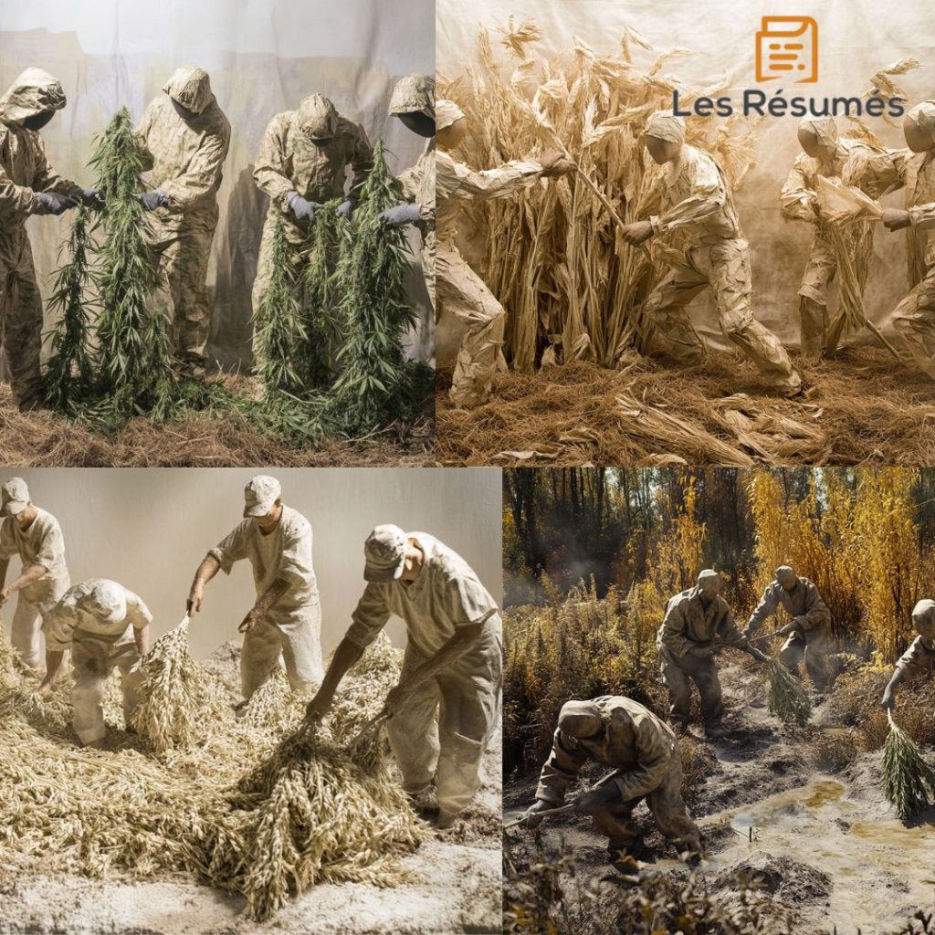 Illustration des gens qui s'occupent de faire subir divers traitements au chanvre. 