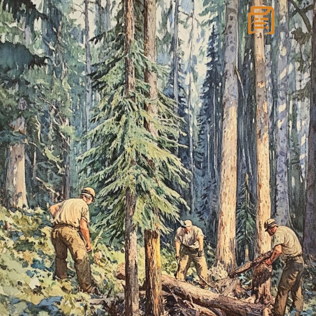 Illustration des bûcherons en train de couper des arbres. 