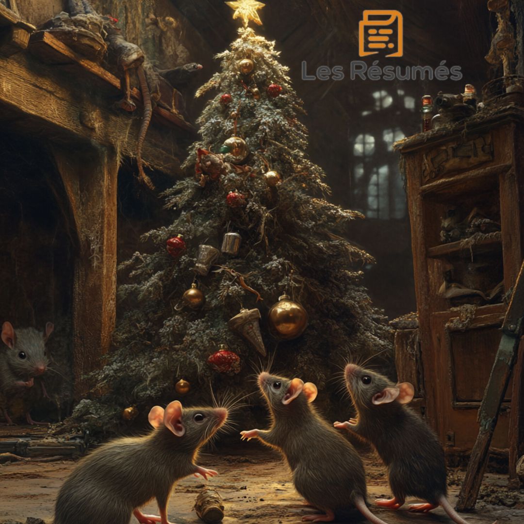 Illustration des souris en train d'écouter les histoires du sapin dans le conte d'Andersen. 
