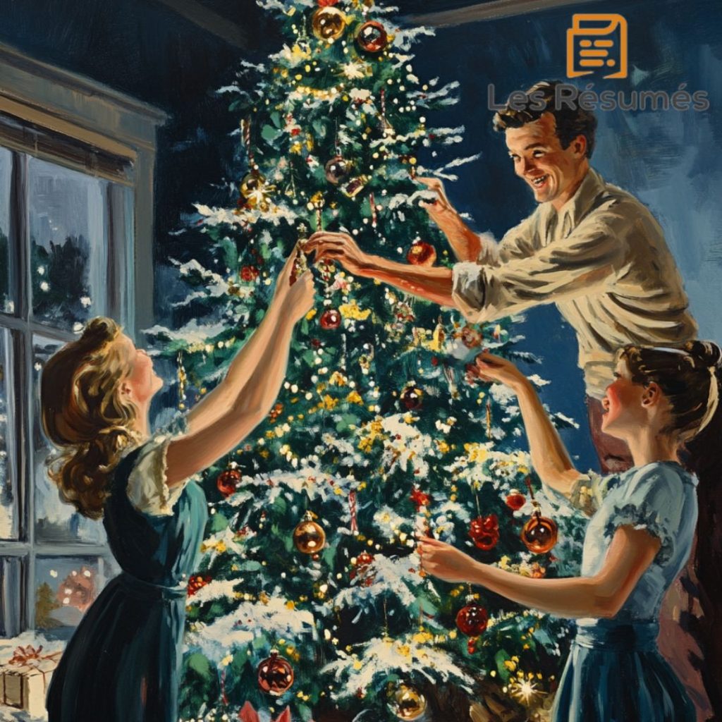 Image des habitants de la maison en train de célébrer Noël avec le sapin. 