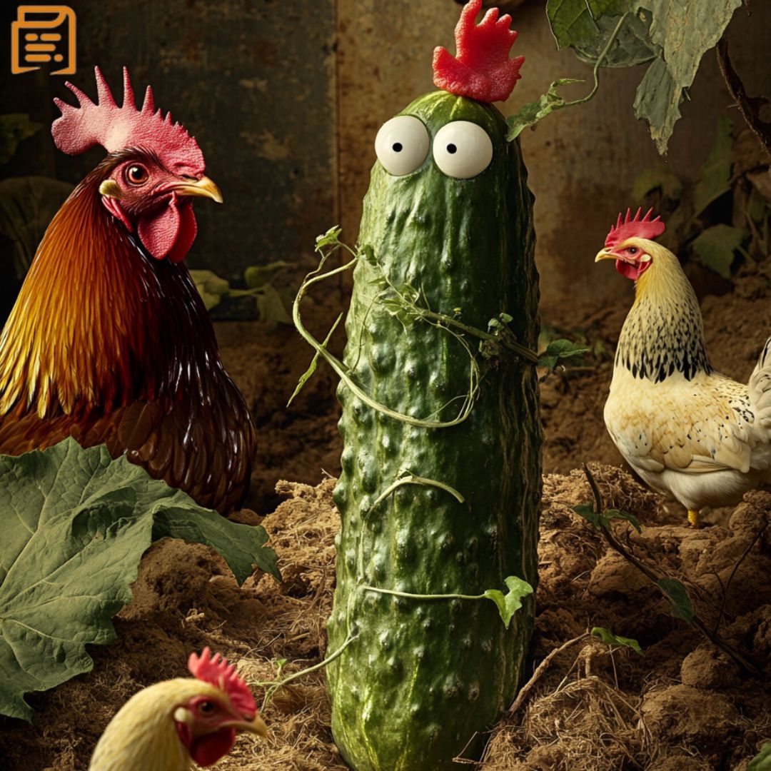 Illustration du concombre qui, inspiré par le coq de poulailler, souhaite dépasser sa condition de légume. 