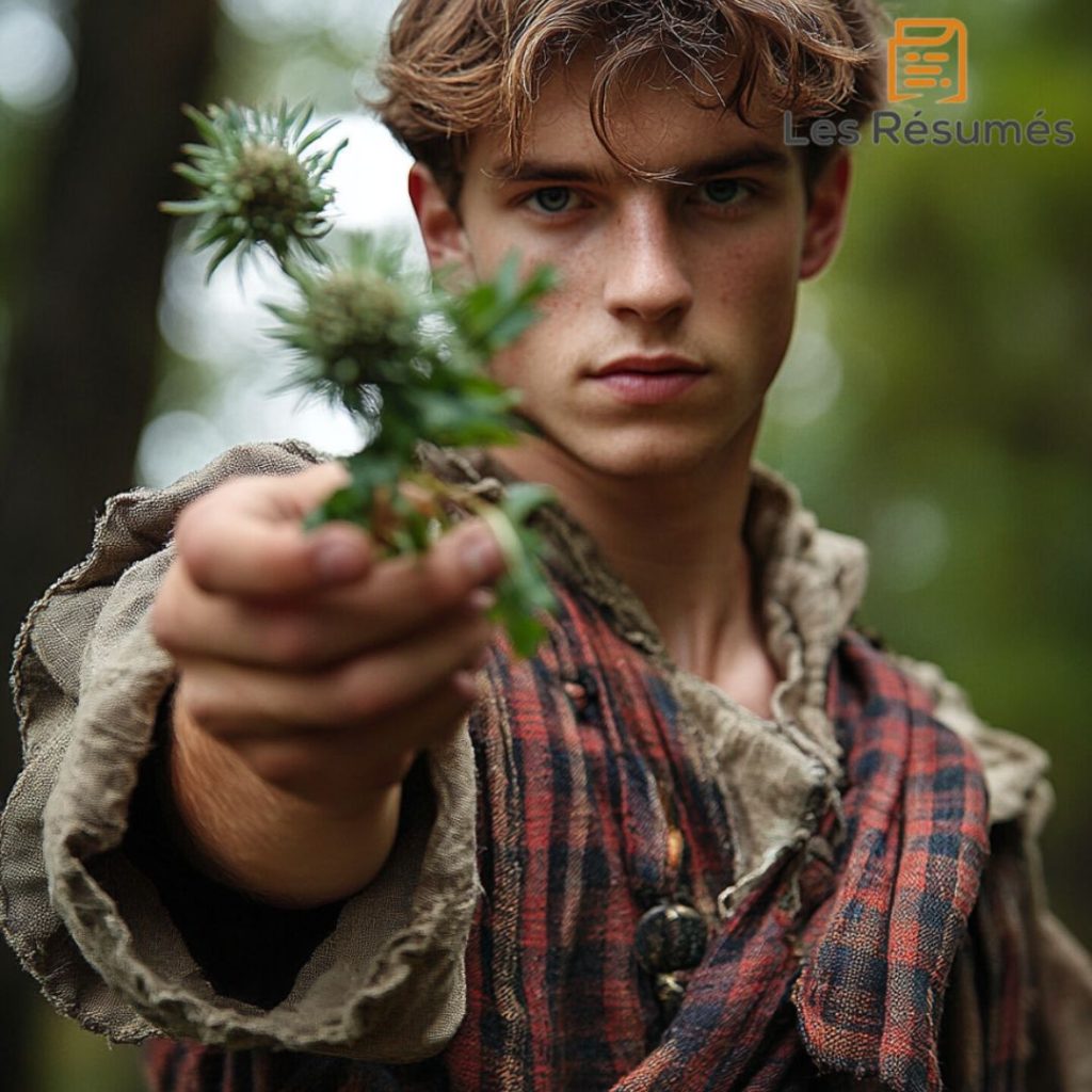 Photo du fils du propriétaire qui tend à la jeune fille écossaise une fleur de chardon. 