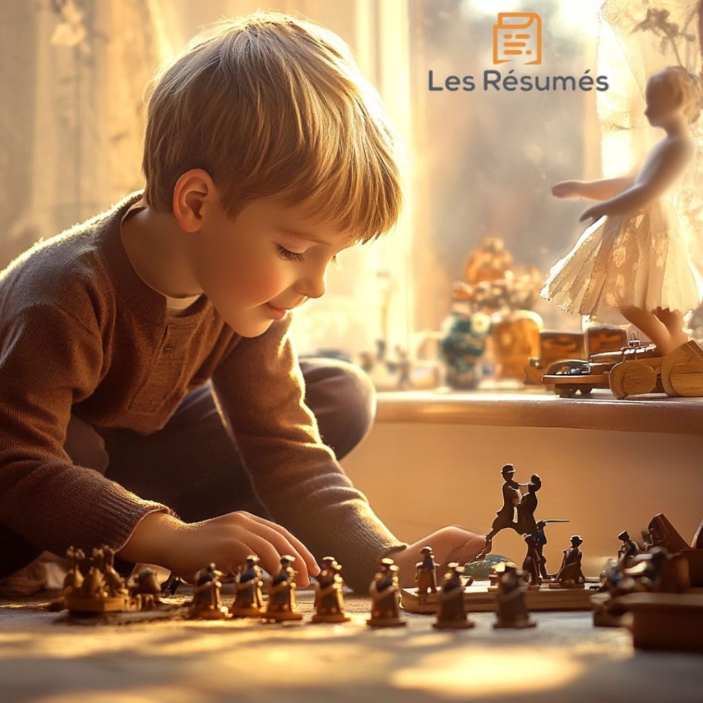 Photographie du petit garçon en train de jouer avec les petits soldats de plomb. 