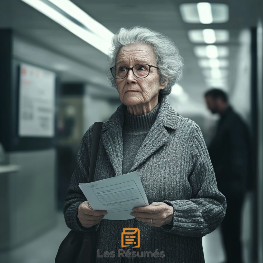 Photographie de la dame âgée qui affronte les services bureaucratiques dans le résumé de Un timbre à 0,60 f, s.v.p. !. 