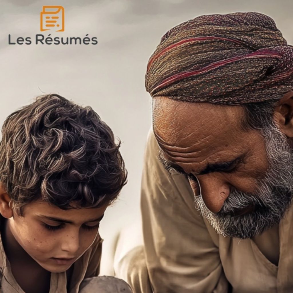 Photographie du chamelier et de son fils en train d'enterrer le rossignol à côté de la rose. 