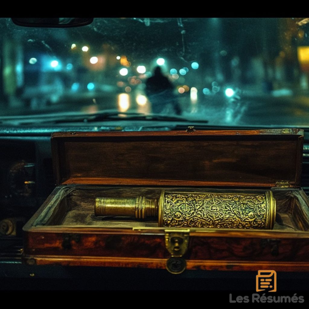 Un coffret en bois contenant un cylindre orné, posé sur le tableau de bord d'une voiture, illustrant l'un de nos chapitres du résumé de Le Da Vinci Code. 