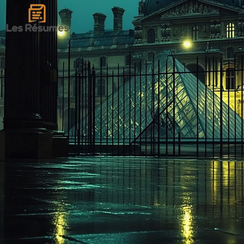 Vue nocturne de la Pyramide du Louvre à travers une grille sous une fine pluie, renforçant l'aura de mystère qui entoure ce lieu emblématique.