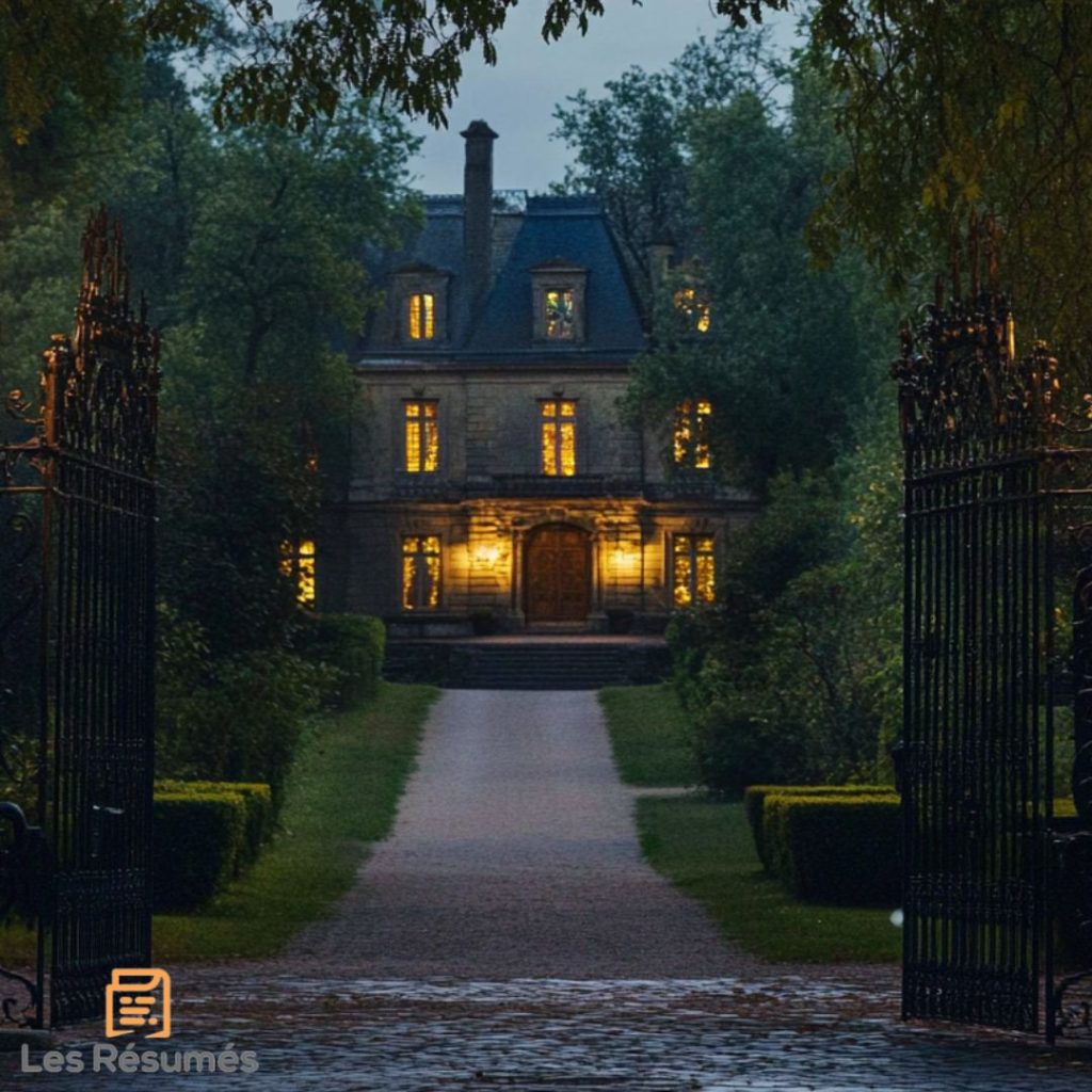Le manoir de Teabing éclairé au bout d'une allée bordée d'arbres, vu à travers un portail en fer forgé, ajoutant une ambiance d'intrigue et de secret.