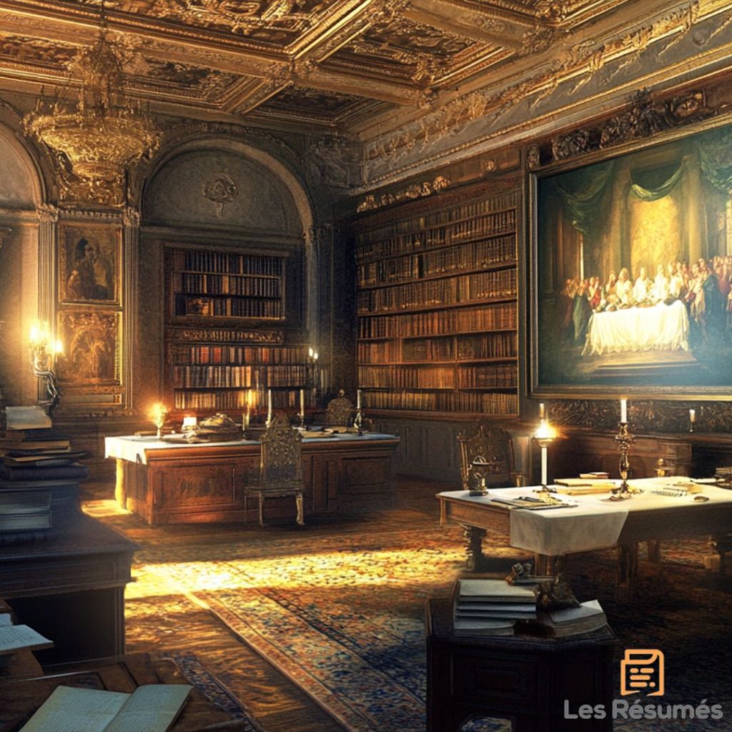 Une bibliothèque richement décorée avec des étagères remplies de livres anciens, illuminée par des chandeliers, et dominée par une peinture de la Cène; illustrant l'une des scènes du Da Vinci Code. 
